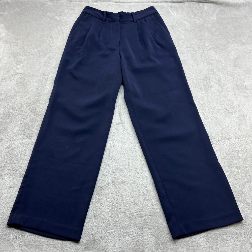 Quince Wide Leg Trousers Women's 6 Navy Blue Pleated Elastic Waist Quiet Luxury
